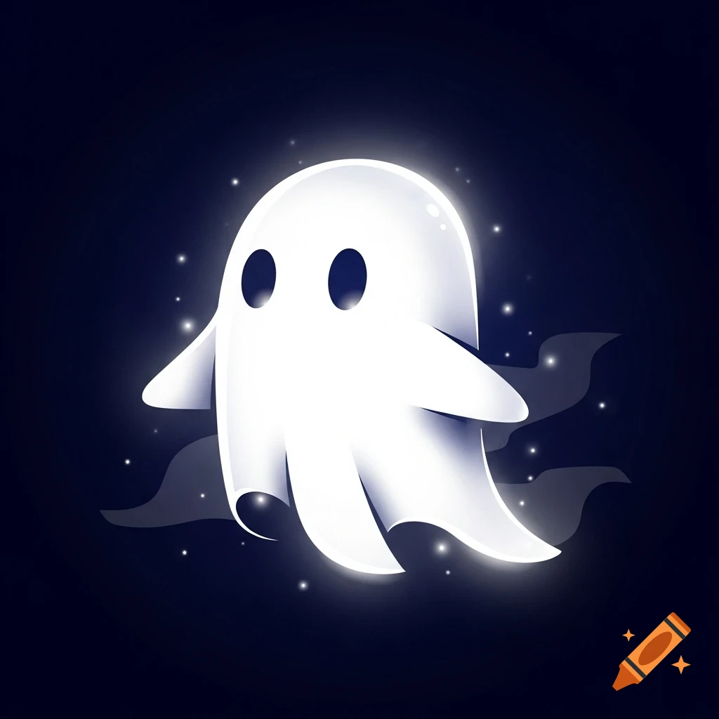 A stylized white ghost with a glowing outline and black eyes floats against a dark blue background with small white sparkles.