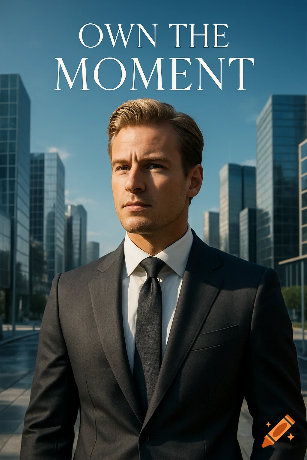 Photorealistic portrait of a blonde man in a suit standing confidently in a modern city, with 'OWN THE MOMENT' in the sky.