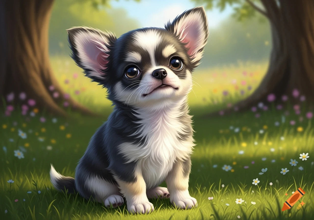 A cute, fluffy black, white, and gray Chihuahua puppy with big eyes sits in a grassy field with wildflowers and trees.