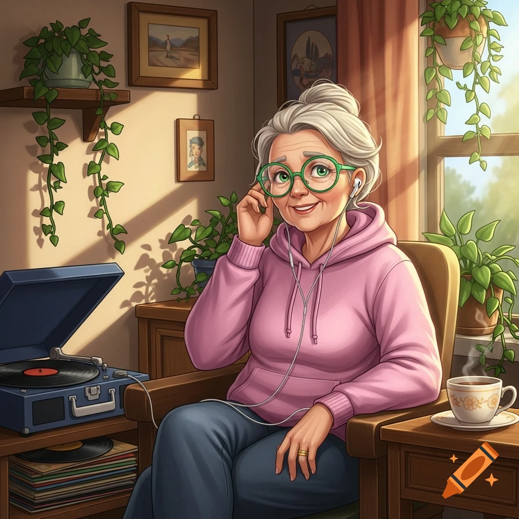 Cartoon elderly woman with green glasses and a pink hoodie listening to music with earbuds indoors, next to a record player and plants.