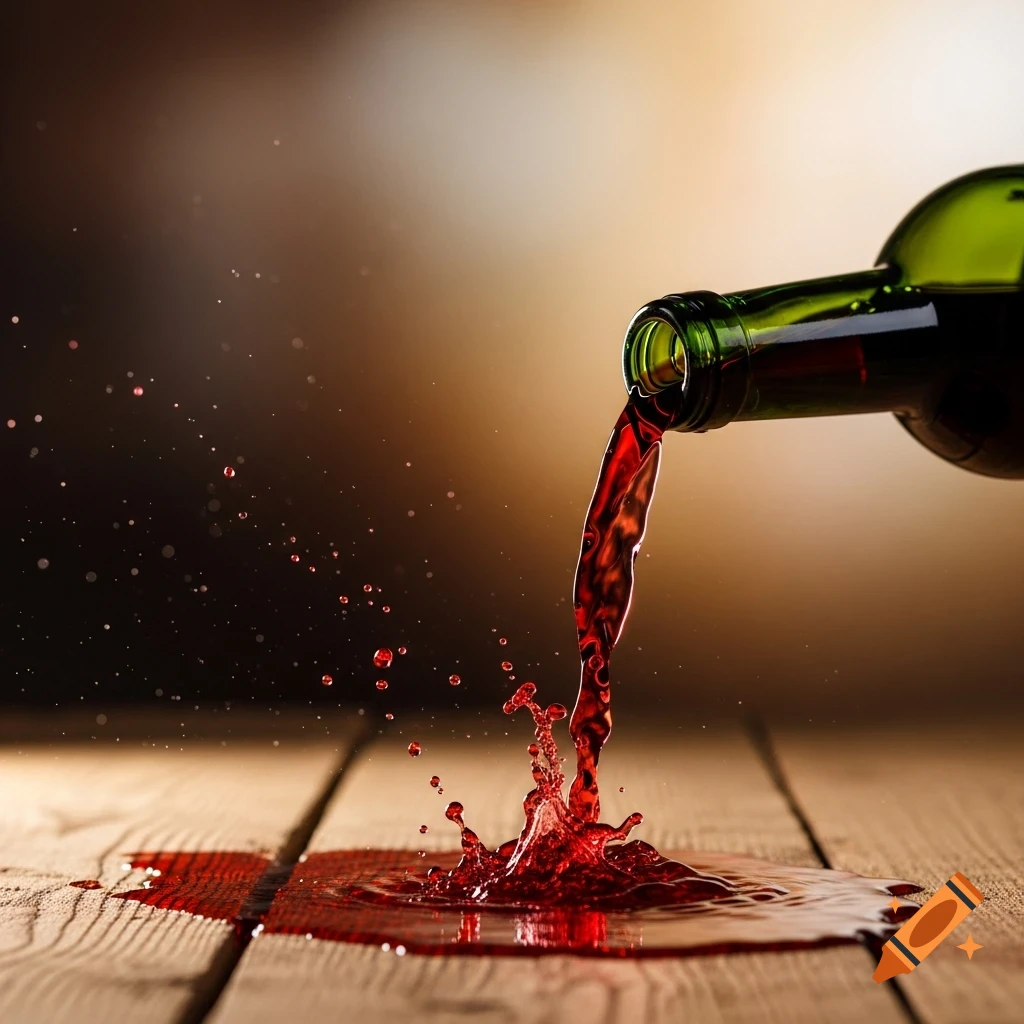 Photorealistic red wine pouring from a green bottle, splashing onto a wooden table.