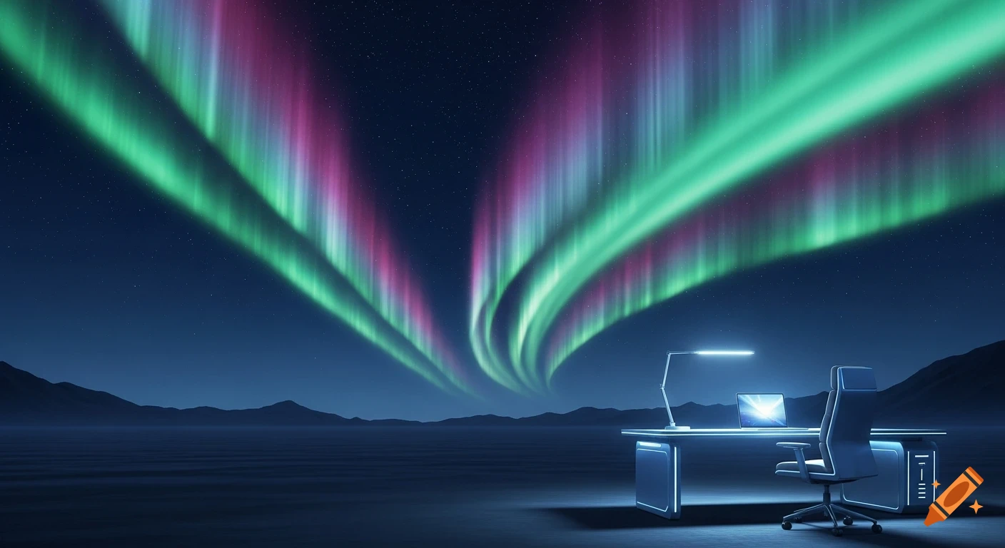 Vibrant green and pink aurora borealis arch over a dark mountain landscape with a futuristic office desk and laptop.