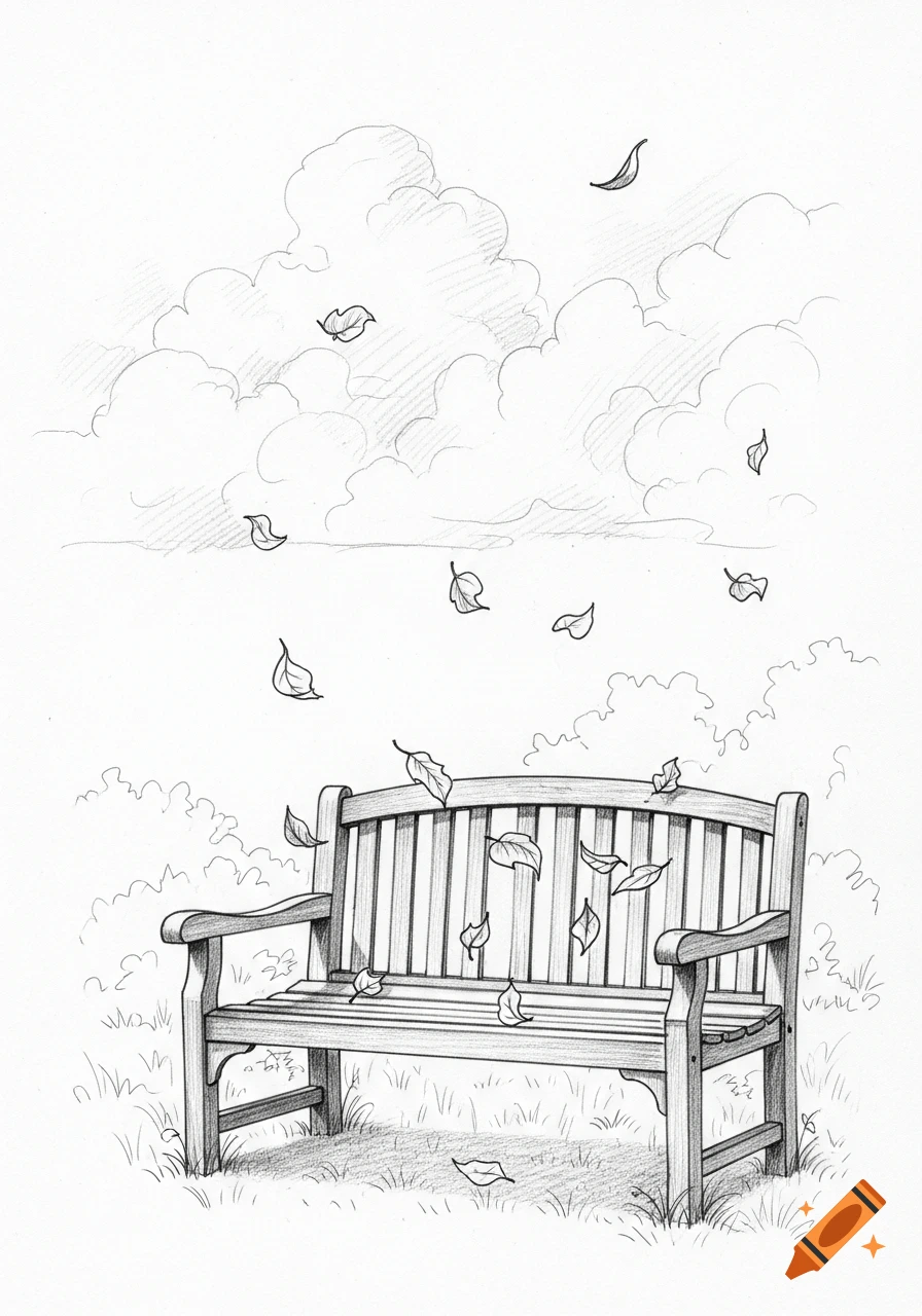 A black and white pencil sketch of a wooden park bench with leaves falling around it, beneath a cloudy sky.