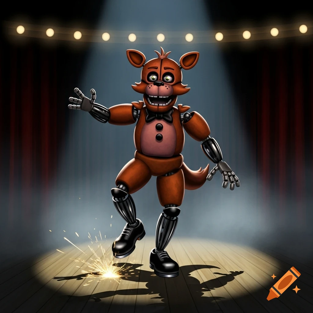 A cartoonish Foxy from Five Nights at Freddy's tap dances on a spotlight-lit stage, sparks flying from his foot.