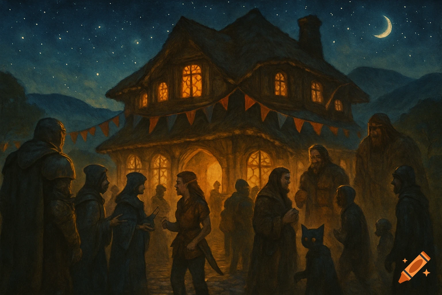 People and creatures gather outside a warmly lit fantasy tavern under a starry night sky and crescent moon, in a painterly style.