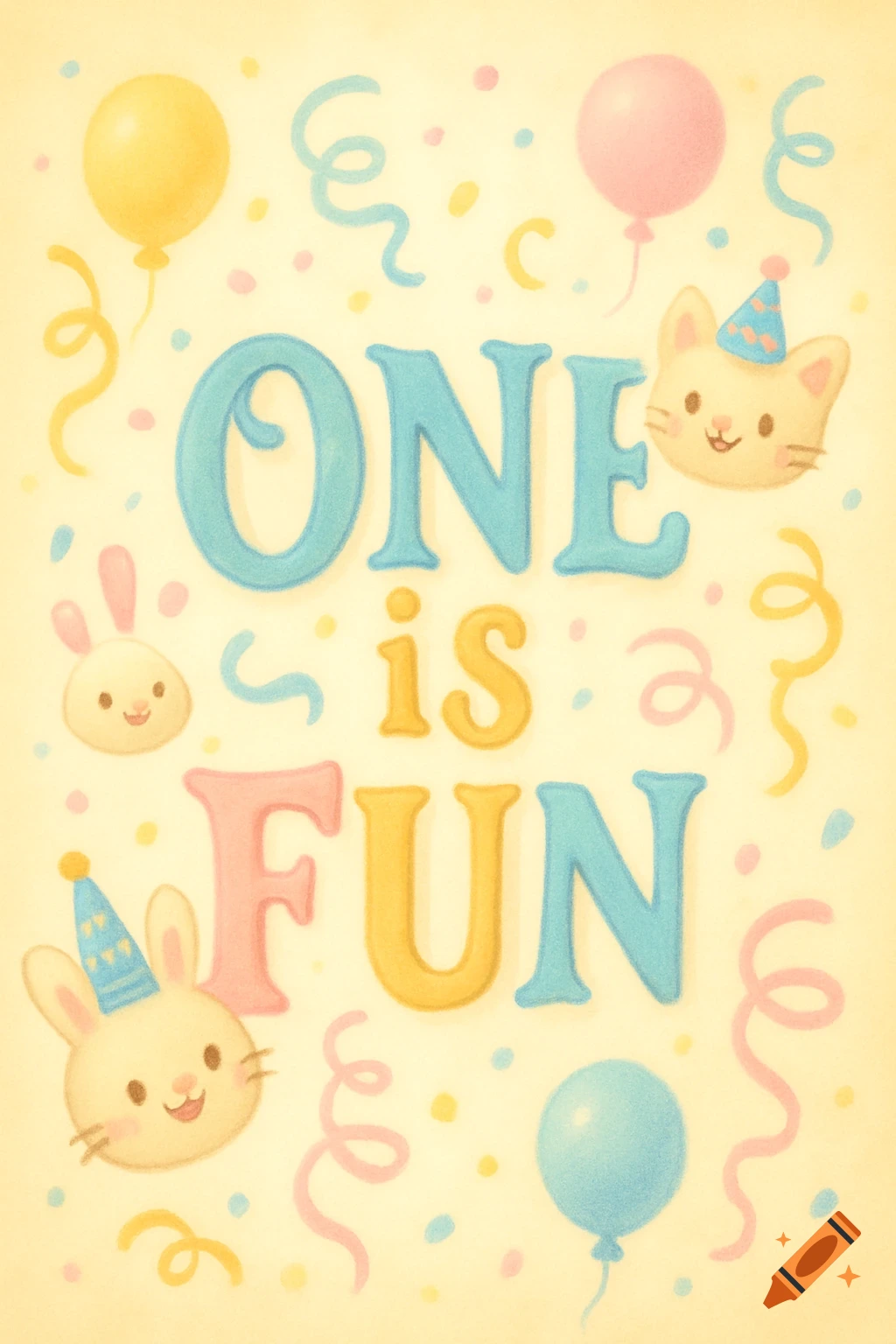 A cheerful illustration with 'ONE is FUN' in blue, yellow, and pink letters, surrounded by balloons, confetti, a bunny, and a cat wearing party hats.