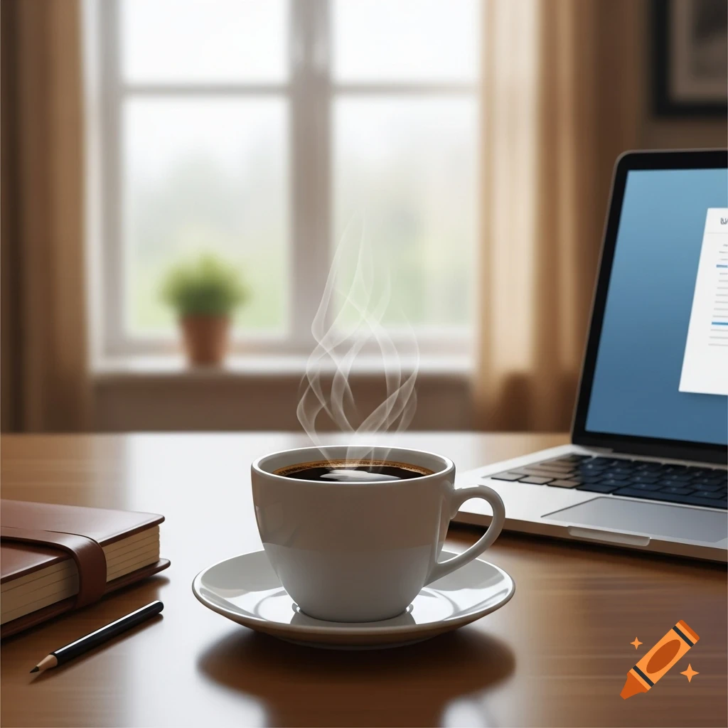 A steaming cup of coffee sits on a wooden desk next to a brown leather notebook, a pencil, and an open laptop with a blurred window in the background.