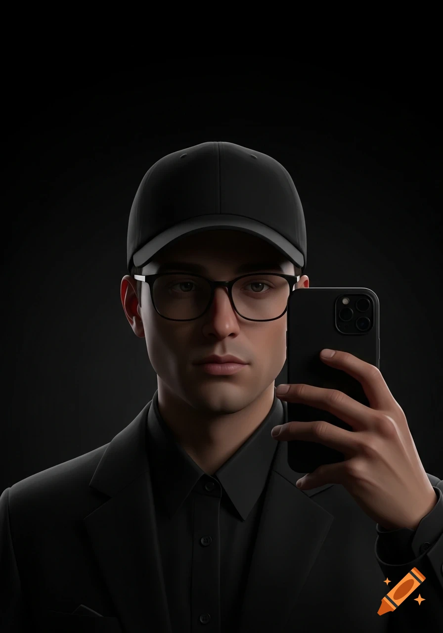 A young man in a black cap, glasses, and suit takes a selfie with a black smartphone against a dark background in a realistic style.