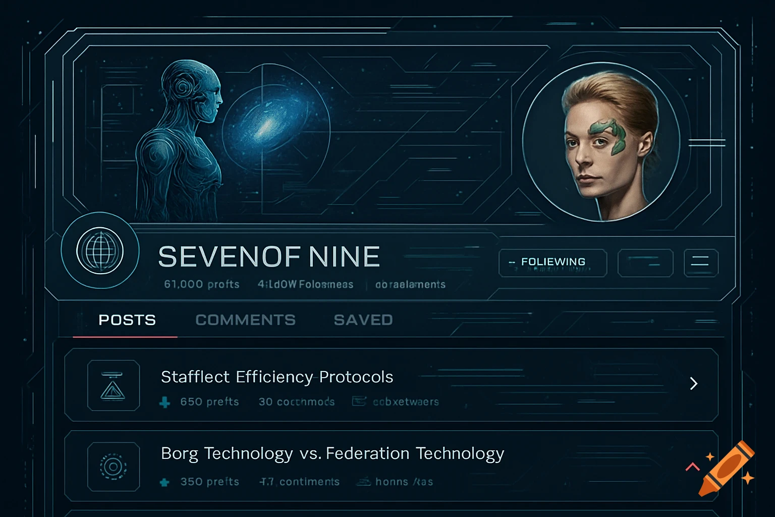 A dark blue futuristic user interface screen for a social media profile, featuring Seven of Nine from Star Trek Voyager with Borg implants. The profile shows posts about Borg technology.