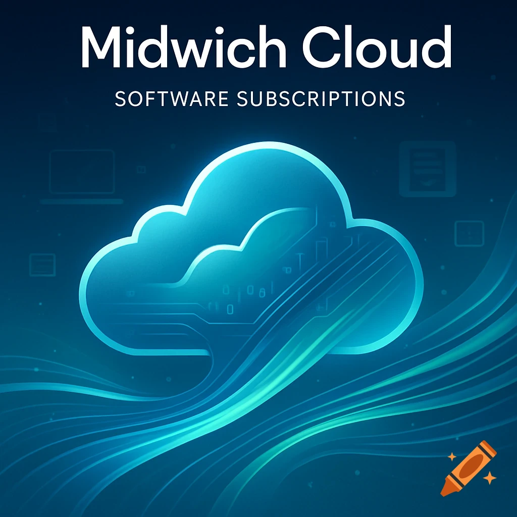 Blue graphic with glowing cloud icon, circuit board patterns, and text 'Midwich Cloud SOFTWARE SUBSCRIPTIONS' over blue waves.