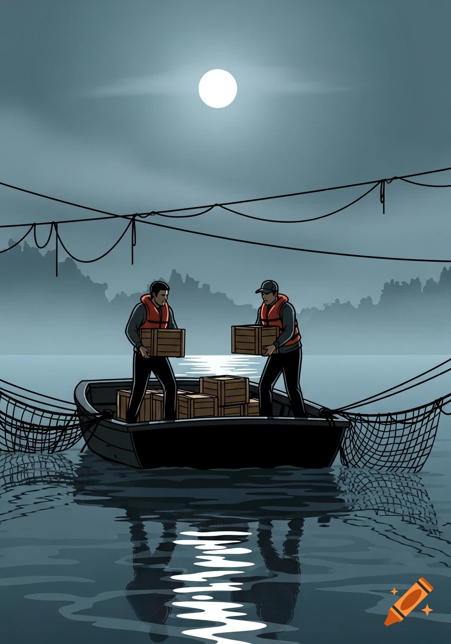 Two men in life jackets transfer crates on a boat at night under a full moon, depicted in an Archer TV show style illustration.