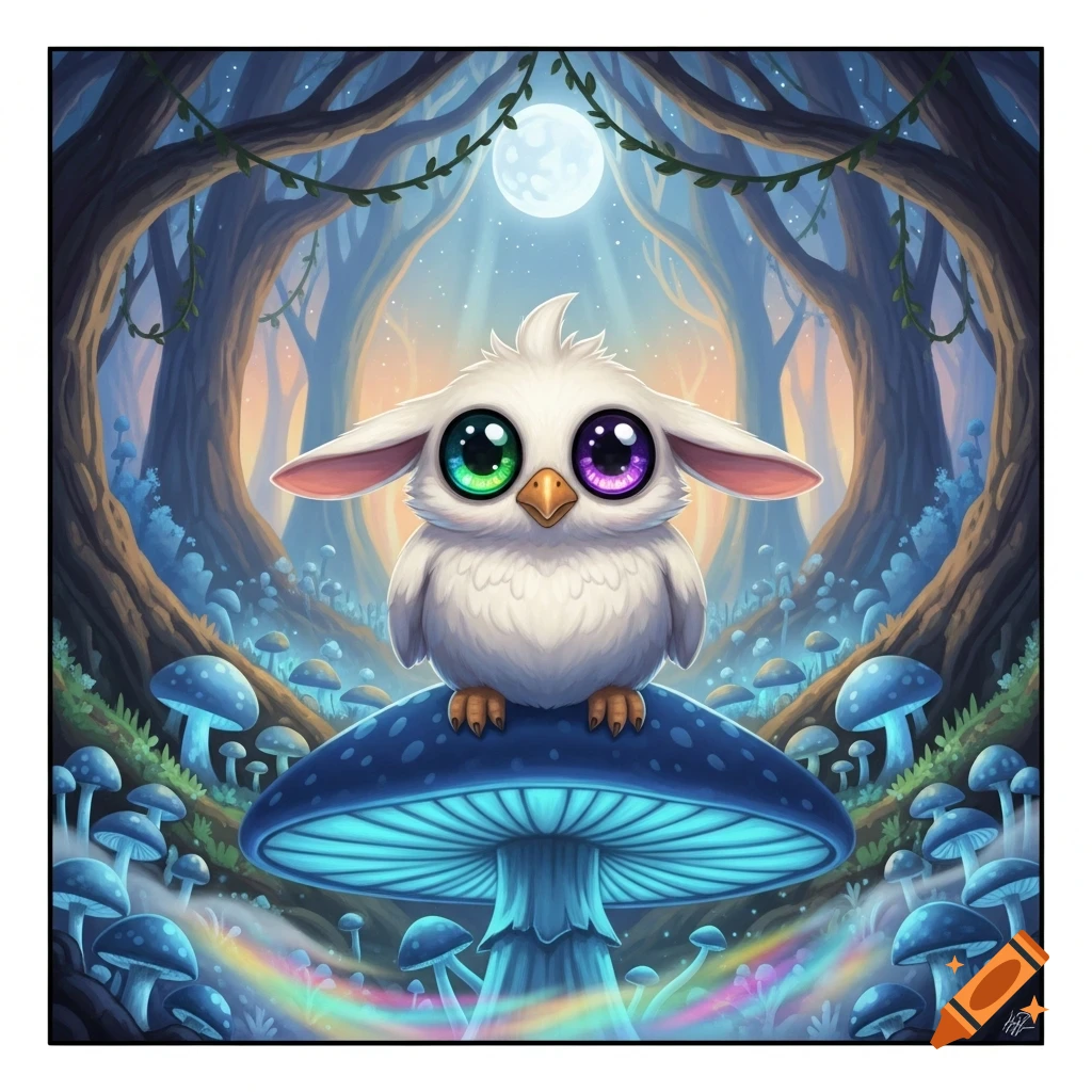 A whimsical illustration of a fluffy white creature with big, colorful eyes and long ears, sitting on a glowing blue mushroom in a magical forest under a full moon.