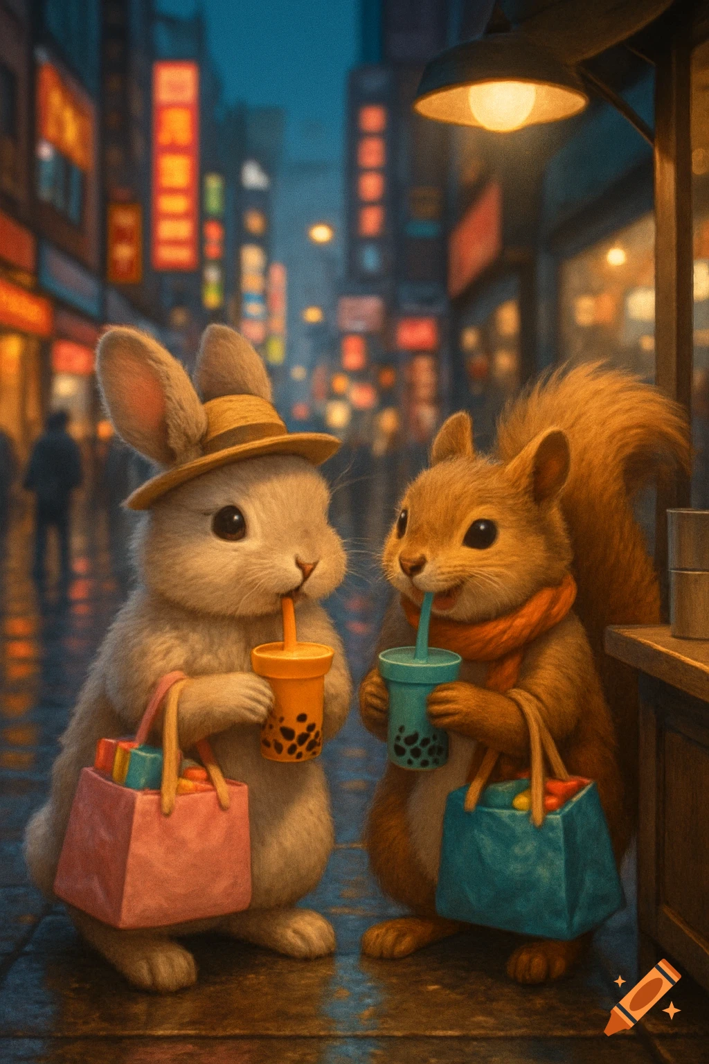 A cute rabbit and squirrel, holding boba tea and shopping bags, standing on a rainy city street at night with neon signs.