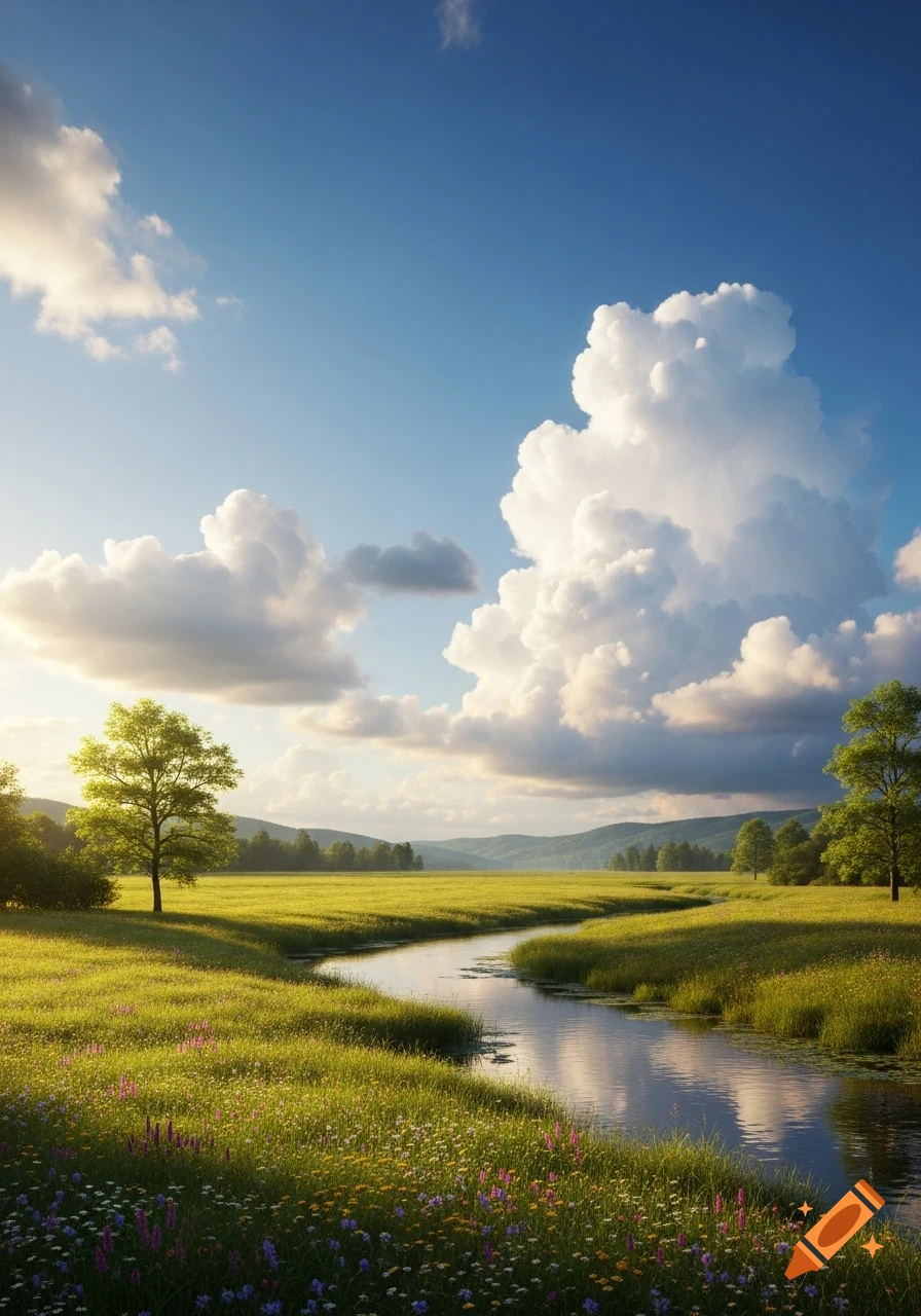 A vibrant green meadow with a winding river under a bright blue sky with large, fluffy white clouds, surrounded by trees and distant hills.