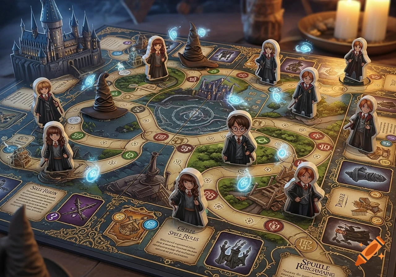 An illustrated Harry Potter board game with chibi character pieces, Hogwarts castle, sorting hats, glowing symbols, and detailed game cards.