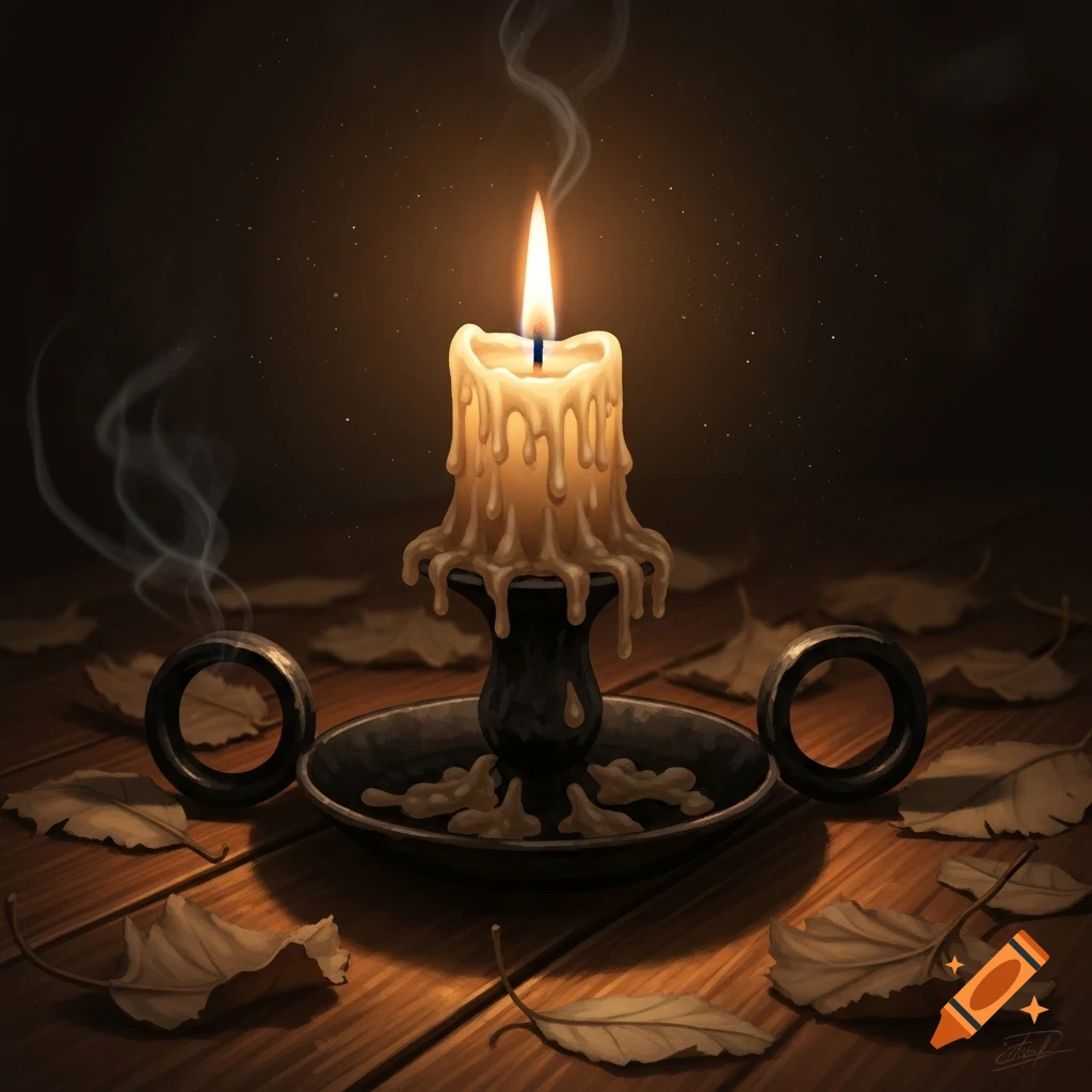 A glowing, melting candle in a holder on a wooden table, surrounded by fallen leaves and metal rings, in a dark, atmospheric setting.