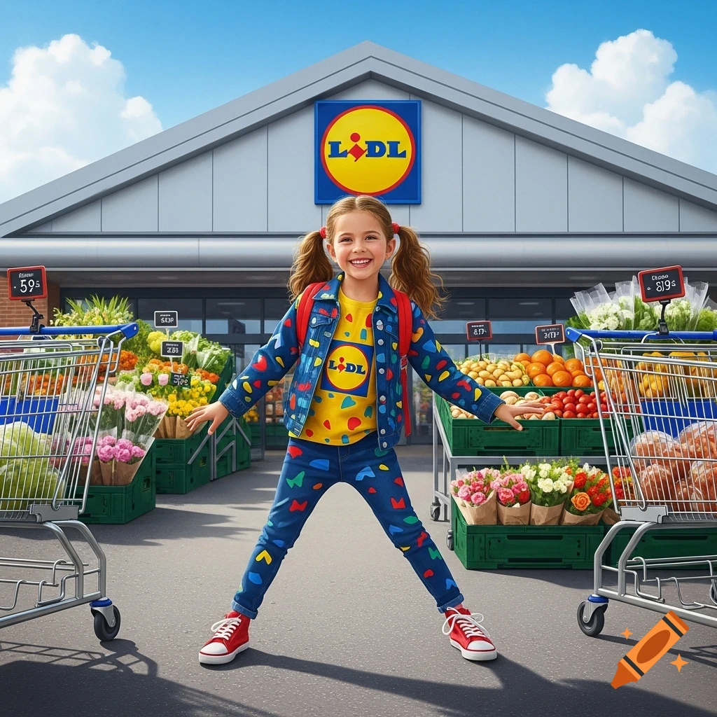 A smiling young girl in a colorful outfit with a Lidl logo shirt poses in front of a photorealistic Lidl supermarket entrance, flanked by shopping carts filled with produce and flowers.