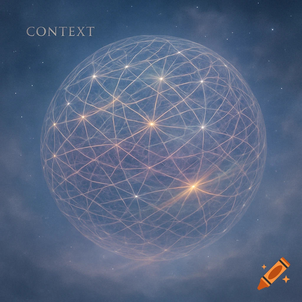 A glowing wireframe sphere with interconnected nodes against a dark blue cosmic background, with the word 'CONTEXT'.