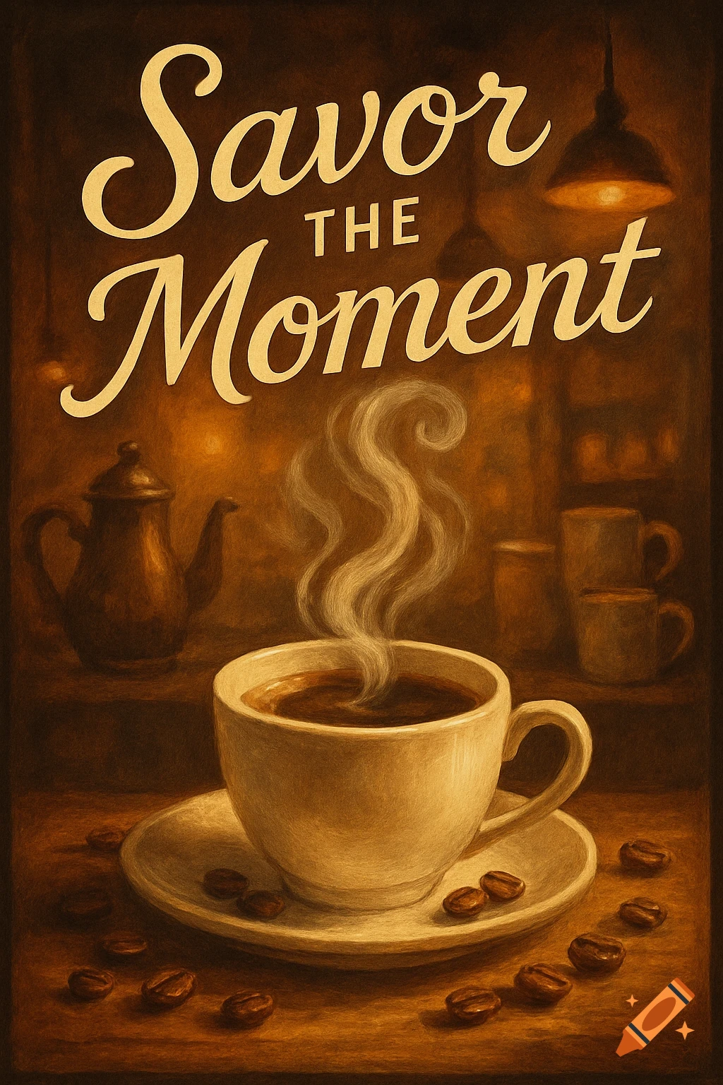 A painterly poster featuring a steaming cup of coffee surrounded by beans, with a teapot in the background and the text 'Savor THE Moment'.