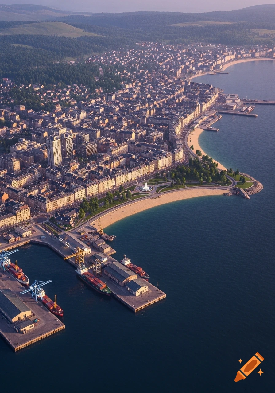 Aerial view of a stylized coastal city with a crescent-shaped bay, port, beach, and park, surrounded by forests.