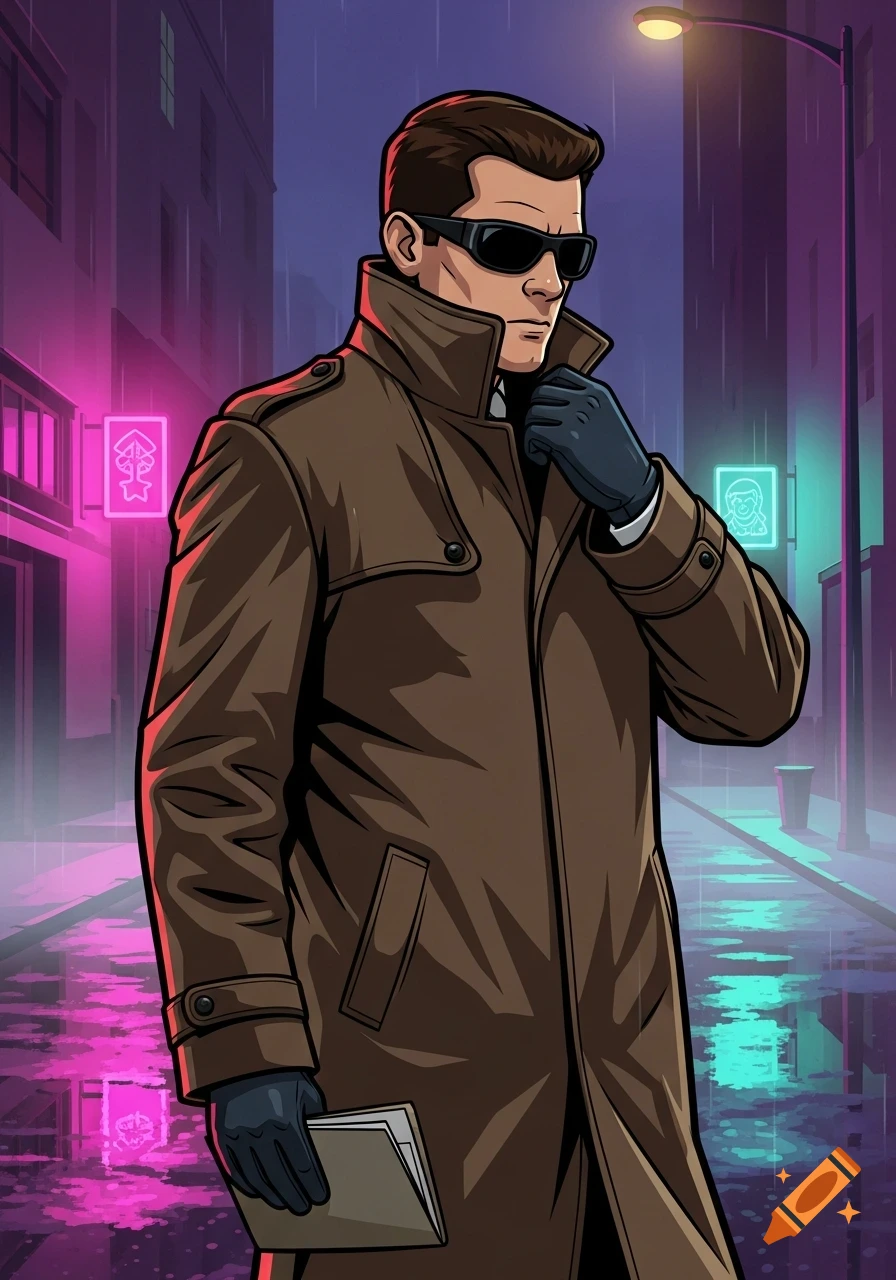 A man in a brown trench coat and sunglasses adjusts his collar on a rainy, neon-lit city street, in a graphic novel style.