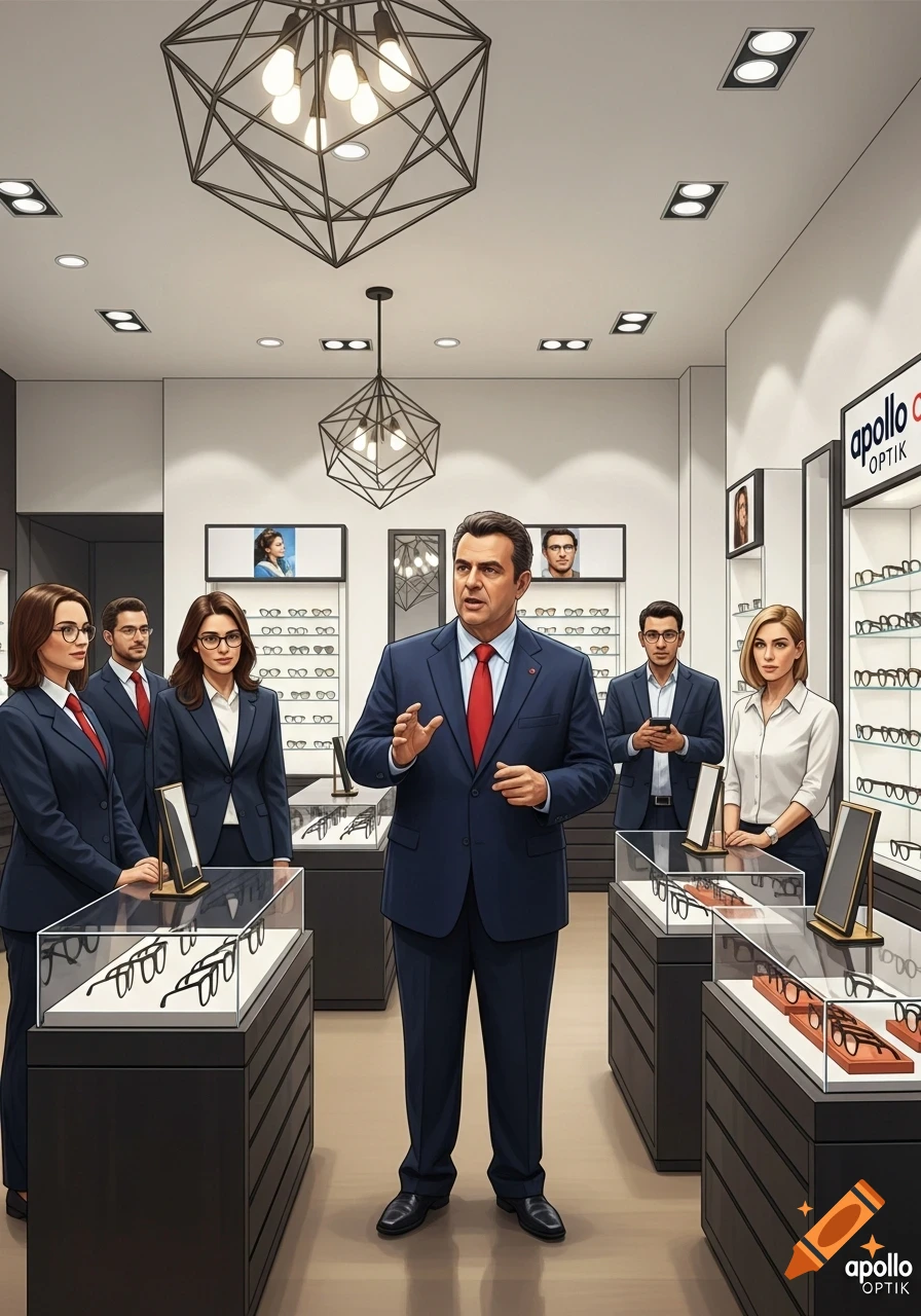 A group of businesspeople, including a man in a suit speaking, stand in an optician's store with display cases of eyeglasses.