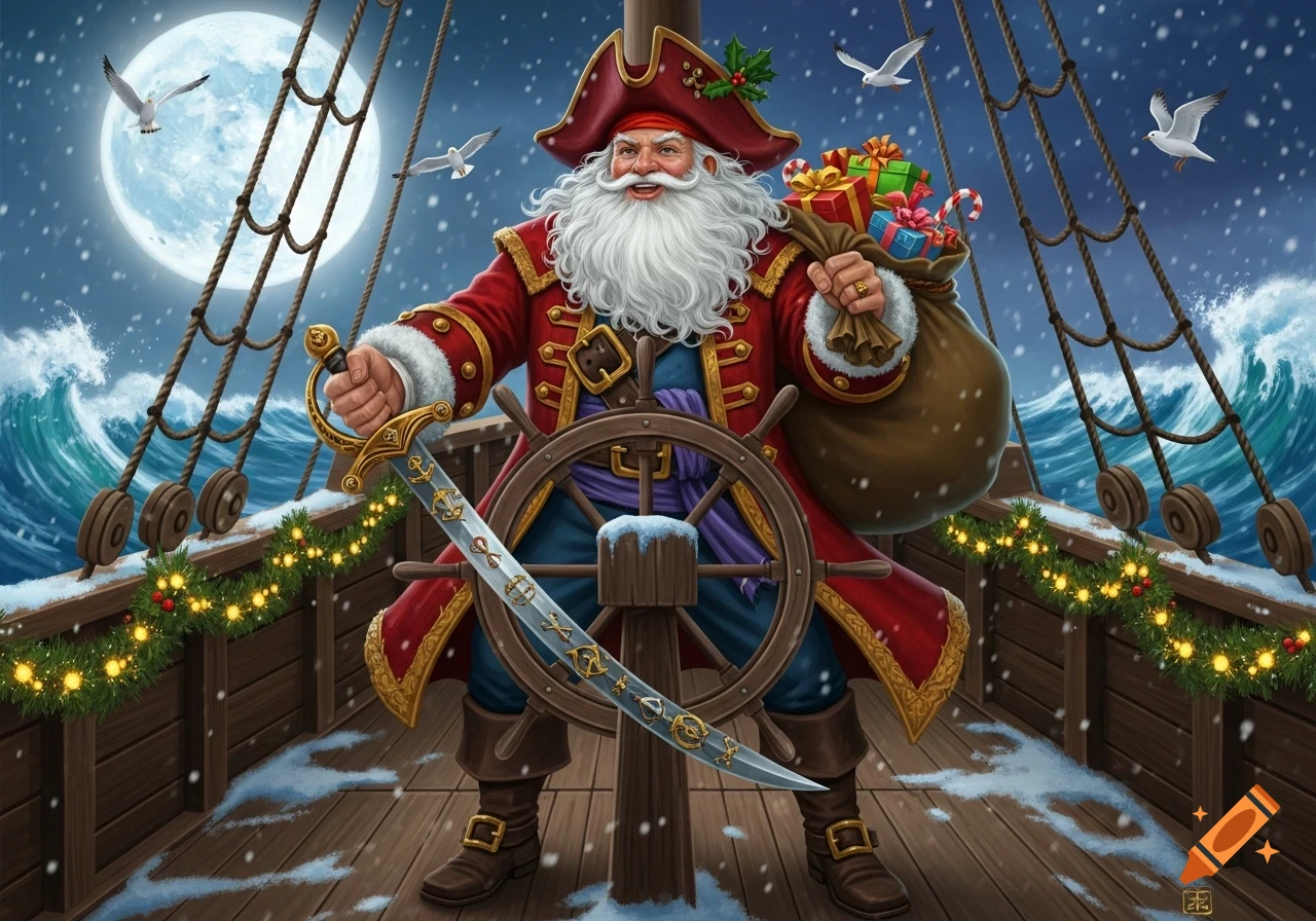 Pirate Santa Claus on a snowy ship, holding a sword and sack of gifts, under a full moon.