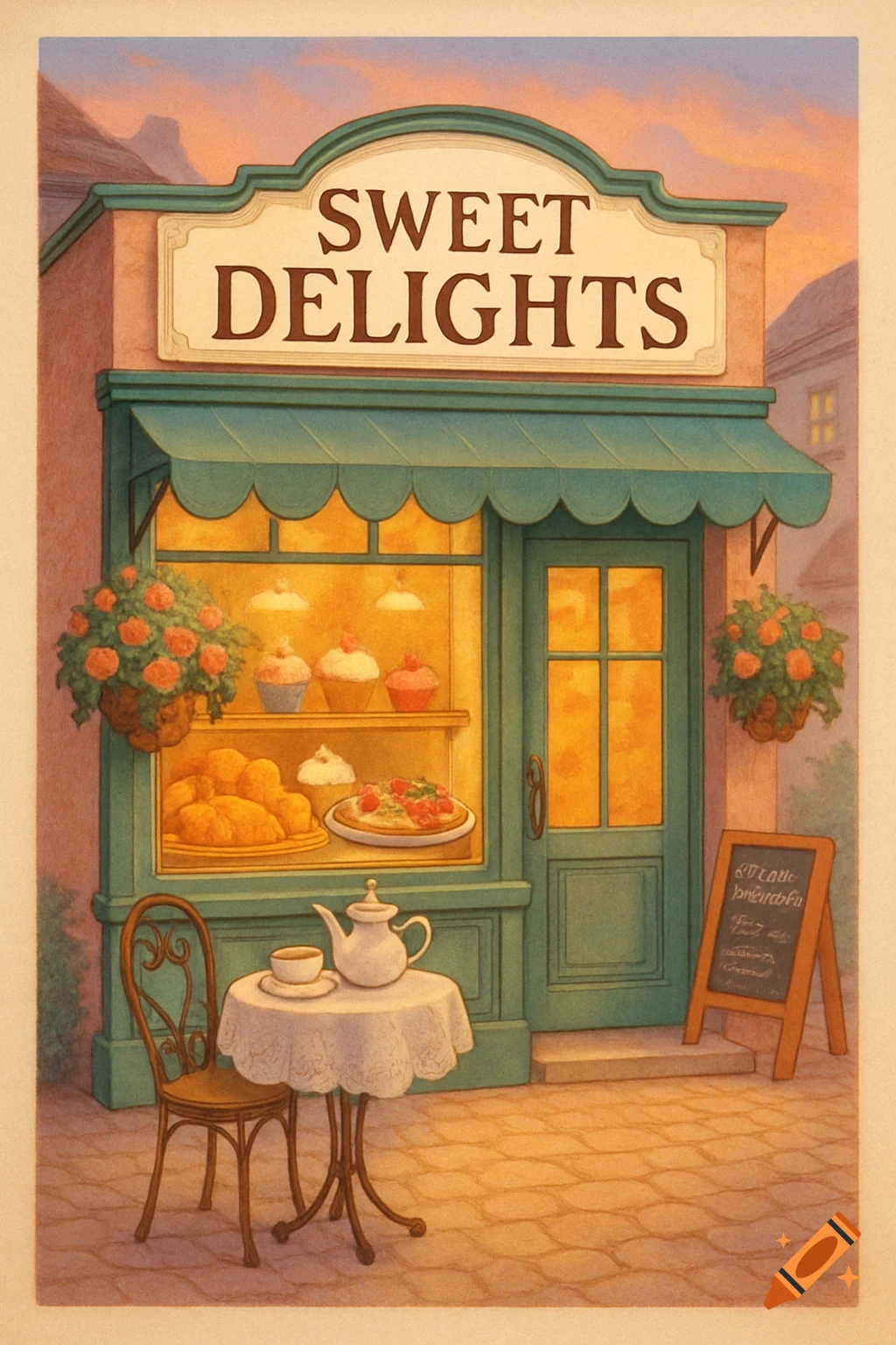 A charming, painterly illustration of a bakery storefront named "SWEET DELIGHTS" with cupcakes and pastries in the window, a small table and chair outside, and a chalkboard menu.