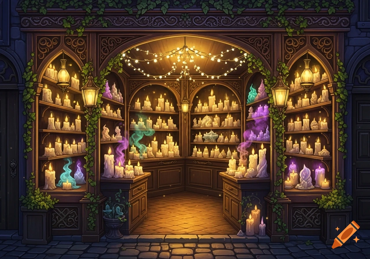 A magical candle shop with shelves full of lit candles, adorned with ivy and string lights, glowing in an enchanting atmosphere.