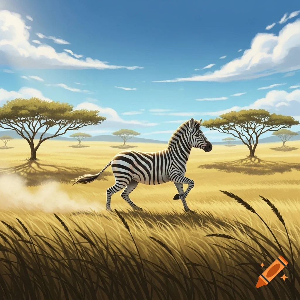 A stylized zebra runs through a golden savanna landscape under a bright blue sky with scattered acacia trees.