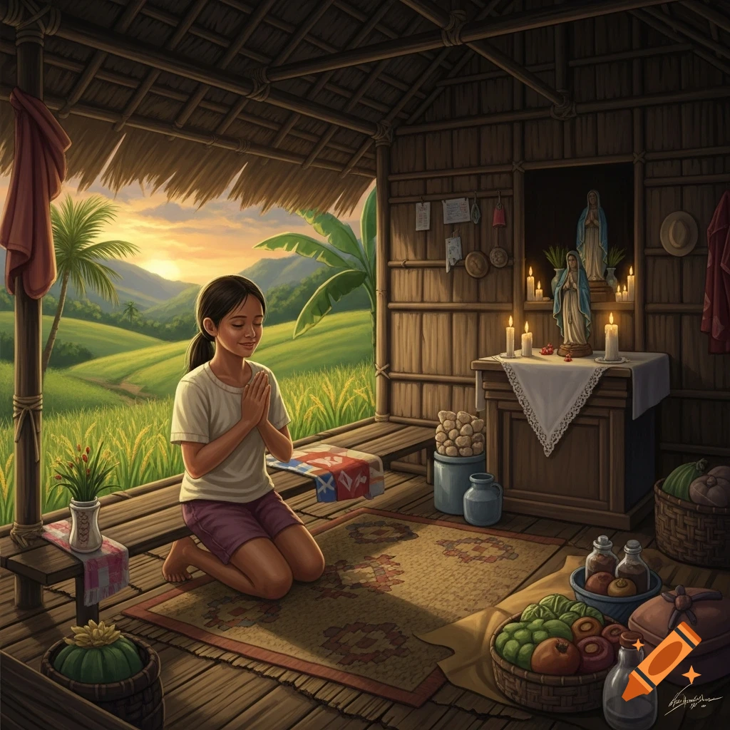 A young Filipina girl kneels in prayer inside a nipa hut with a small altar, overlooking green rice fields and hills at sunset.