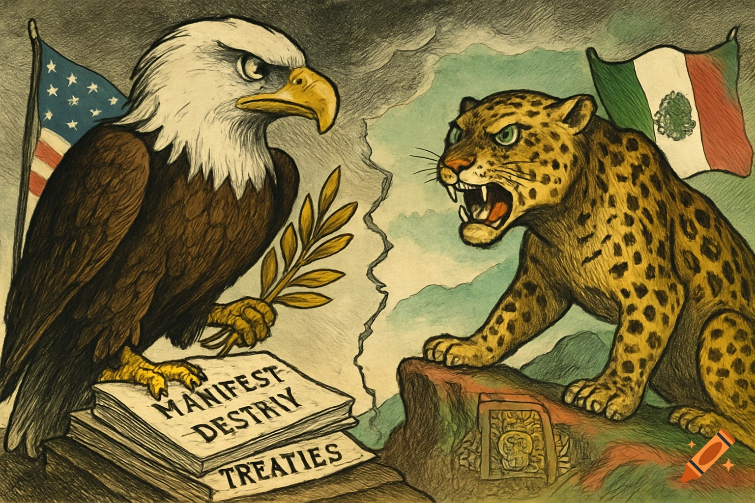 A political cartoon depicts an American eagle with a US flag behind it and a snarling jaguar with a Mexican flag, separated by a crack. The eagle stands on papers labeled 'MANIFEST DESTRIY' and 'TREATIES'.