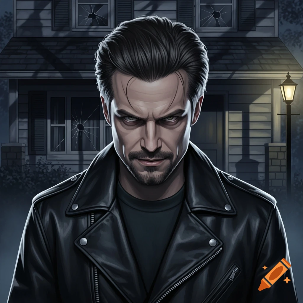 Stylized illustration of a menacing man with dark hair, a goatee, and a leather jacket, standing in front of a house with broken windows at night.