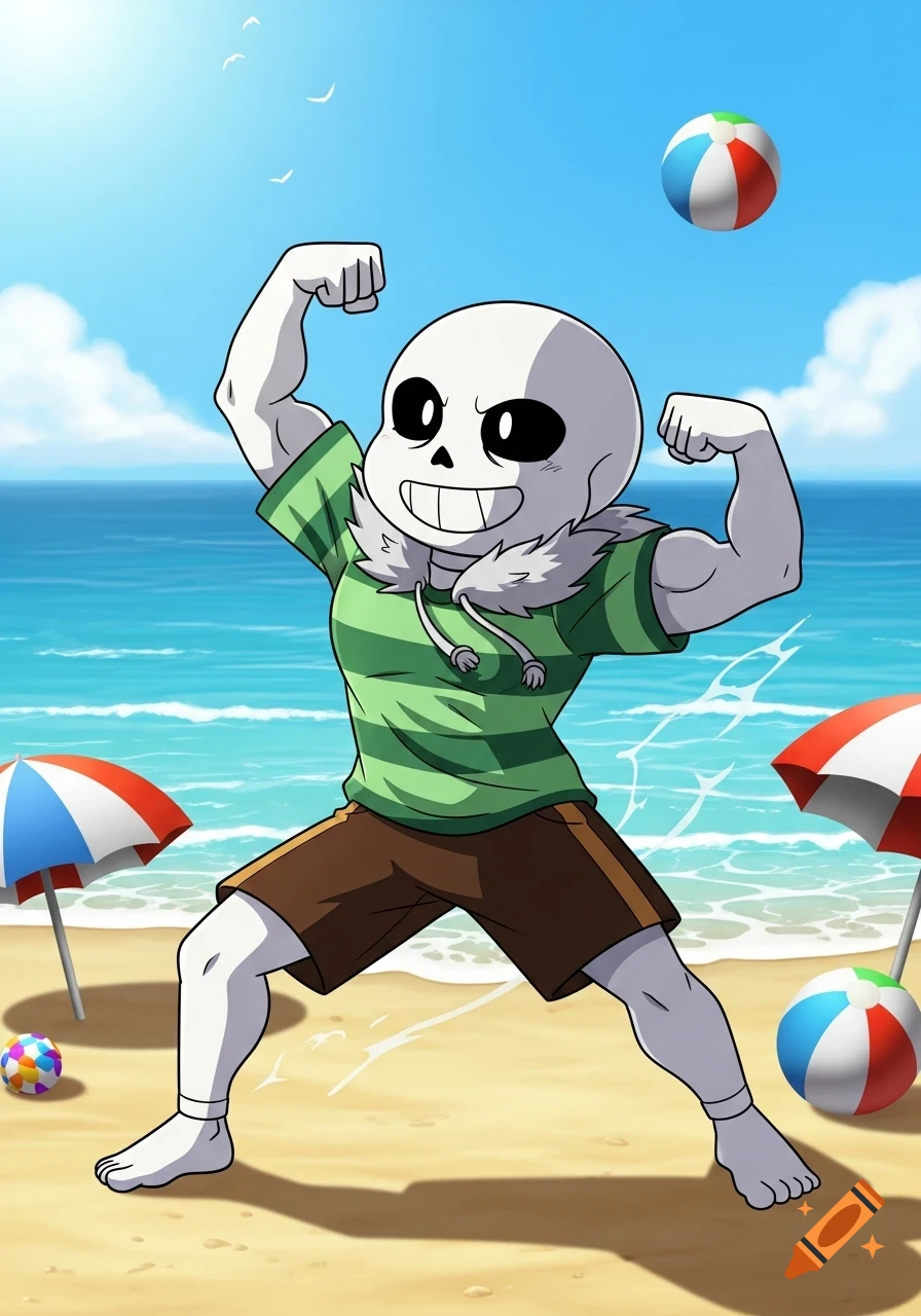 A muscular cartoon skeleton character, Sans from Undertale, flexes on a sunny beach with two beach umbrellas and beach balls.