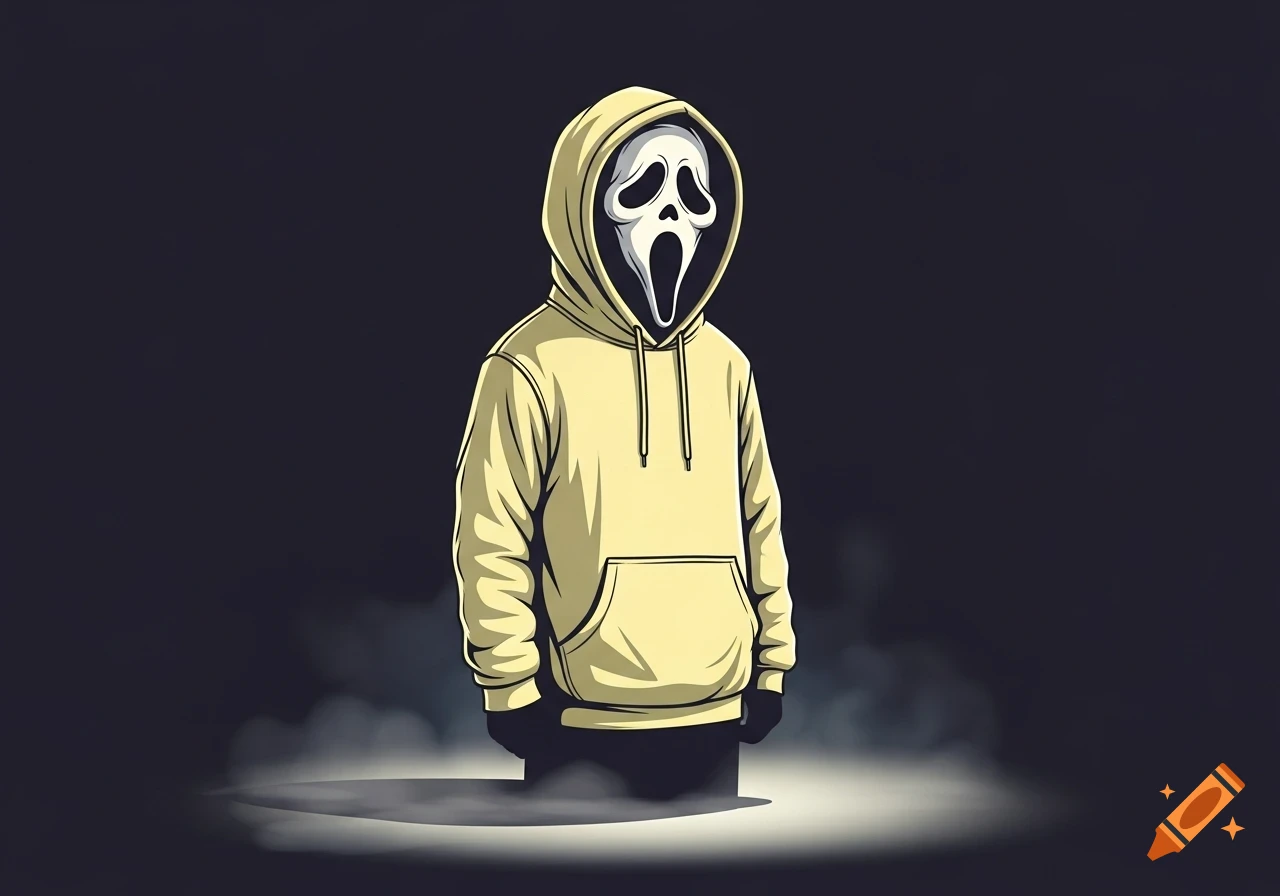Cartoon vector art of Ghost Face in a light yellow hoodie, standing in a spotlight against a dark background.