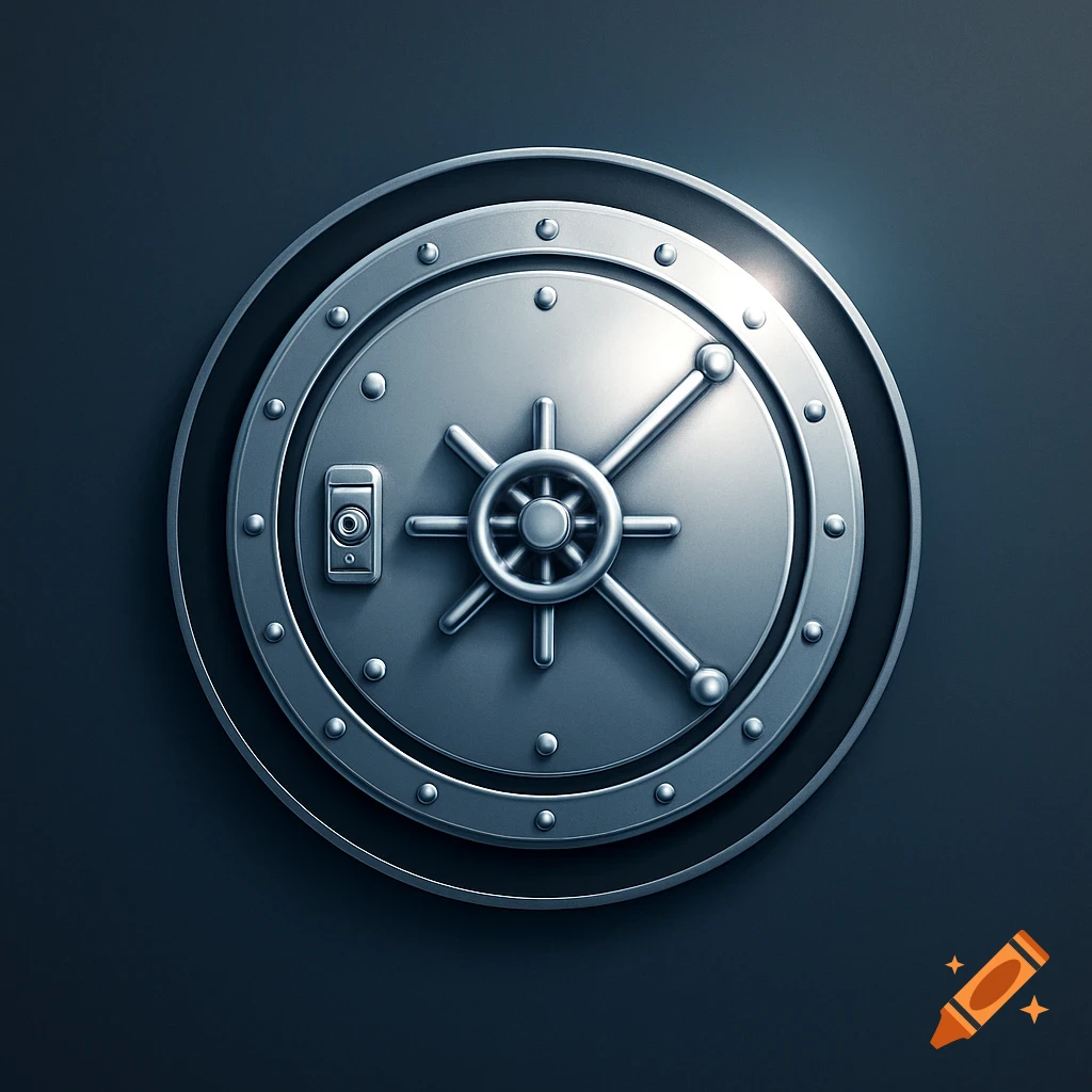 A metallic circular vault door with a central wheel handle and a combination lock on a dark background.