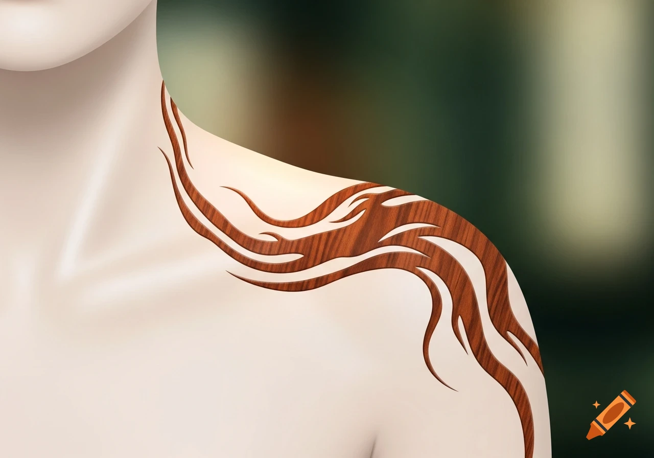 A close-up of a person's shoulder and neck, featuring a stylized birthmark with a rich, carved rosewood texture.