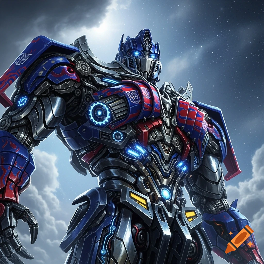 A highly detailed, powerful blue and red armored robot, resembling Optimus Prime, stands under a dramatic cloudy sky.