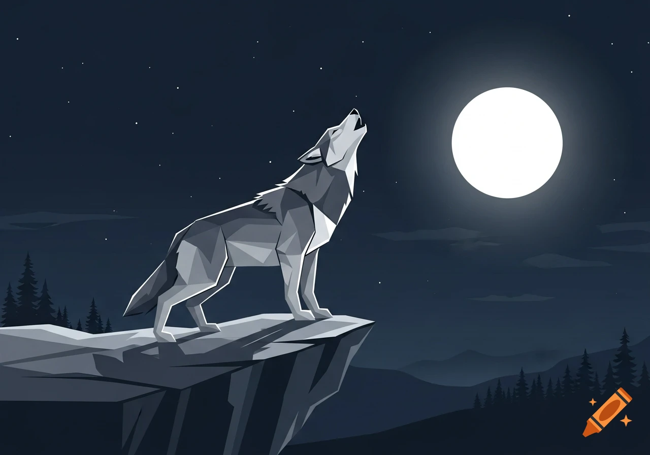 A gray geometric wolf howls at a full moon from a cliff at night, with a starry sky and pine trees.