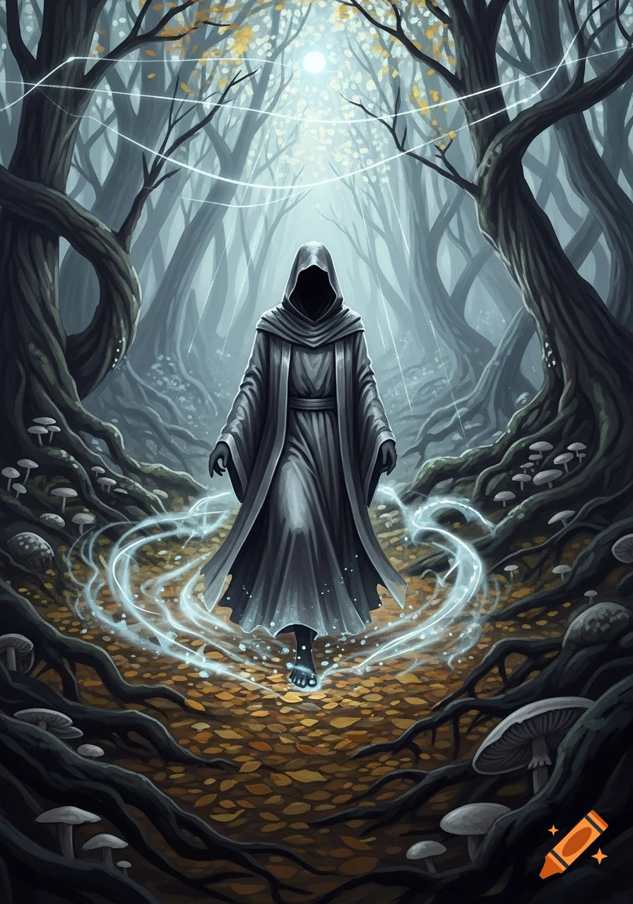 A cloaked, hooded figure walks through a dark, gnarled forest with glowing magical energy around its feet in a fantasy art style.