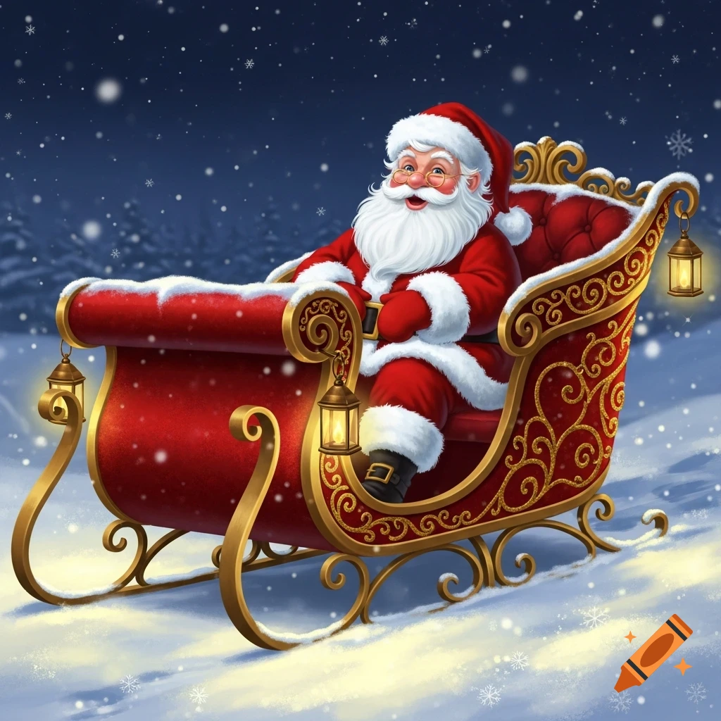 A smiling Santa Claus in a festive red and gold sleigh, surrounded by falling snow in a winter night scene.