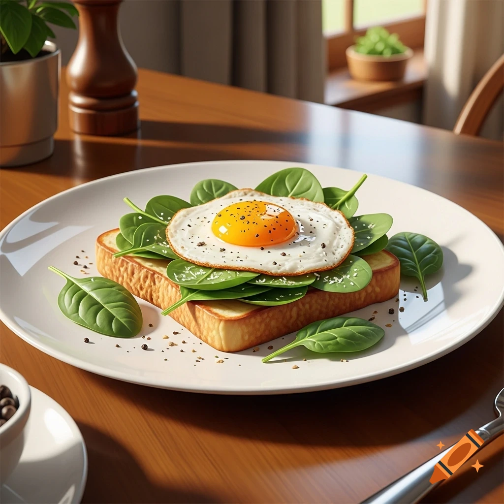 A photorealistic fried egg on spinach toast on a white plate, set on a wooden table with a blurred background.