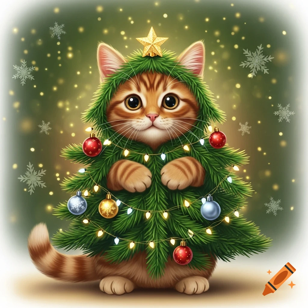A cute ginger and striped kitten dressed as a Christmas tree, adorned with lights and ornaments, against a festive green background with snowflakes.