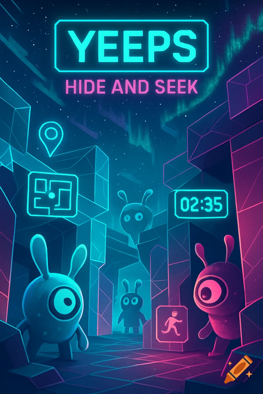 Cartoon alien creatures with large eyes in a neon blue and pink futuristic maze, with text "YEEPS HIDE AND SEEK" and game UI.