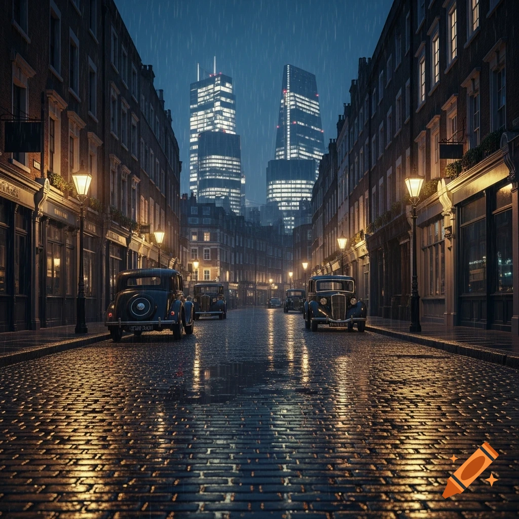 A rainy night on a cobblestone street with vintage cars parked along old buildings, illuminated by streetlights and a modern city skyline.