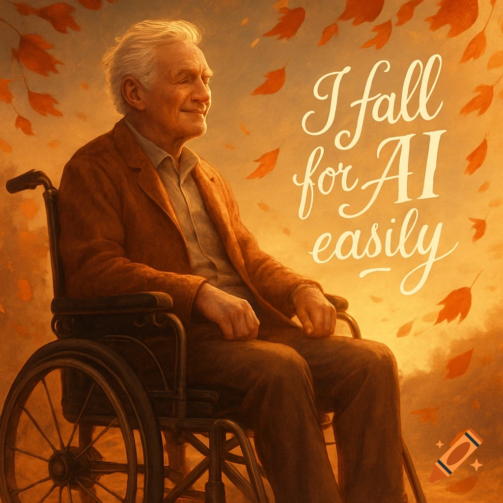 A smiling elderly man in a wheelchair, surrounded by falling autumn leaves, with the text 'I fall for AI easily'.