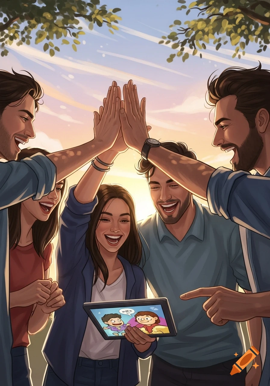 Digital illustration of a diverse group of laughing friends doing a high-five outdoors, looking at a tablet with a cartoon.