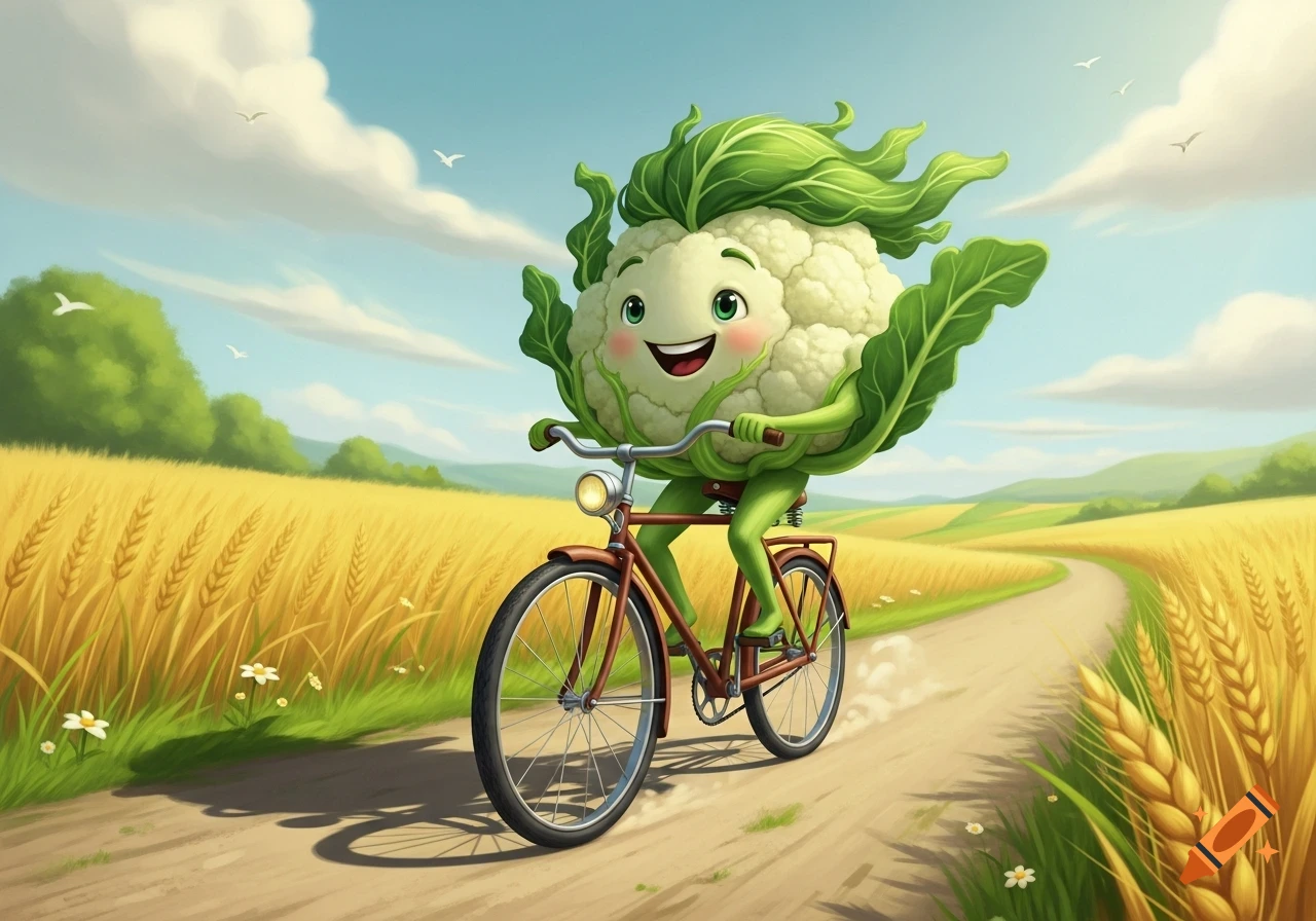 A whimsical cartoon cauliflower with a happy face rides a bicycle down a dirt path through a sunny golden wheat field.