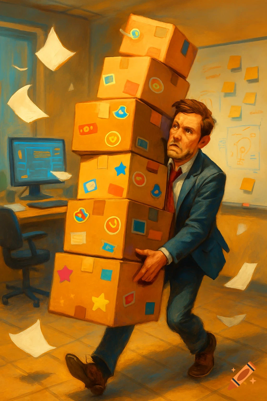 A stressed man in a blue suit carries a tall stack of stickered moving boxes through a messy office, in a painterly style.
