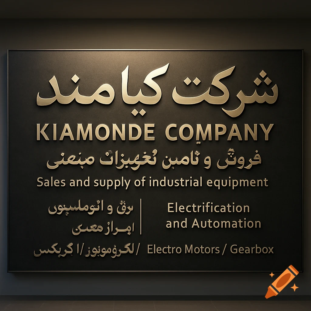 A dark, framed sign with gold 3D text for "KIAMONDE COMPANY" and "شرکت کیامند" in Farsi, along with other business descriptions in both English and Farsi.
